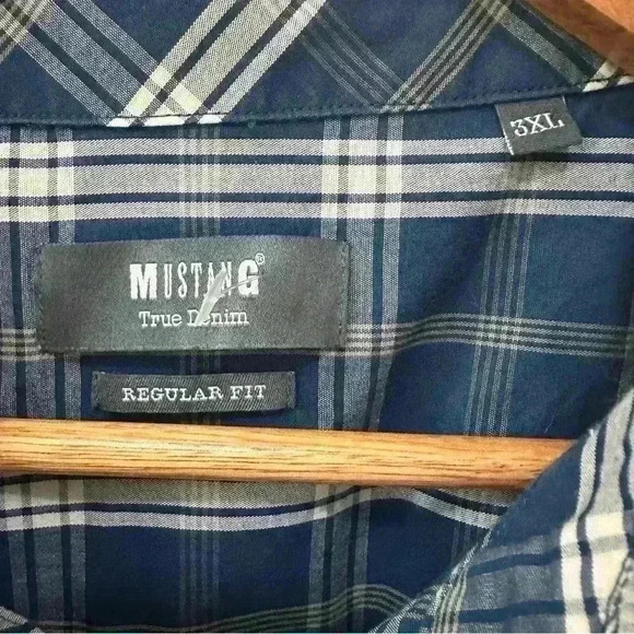Mustang True Denim Blue plaid short sleeve button down collared Men’s shirt 3XL - Picture 5 of 7